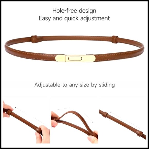 Genuine Leather Skinny Belt Classic Elegant Adjustable Thin Waist Belt Gold main image 6